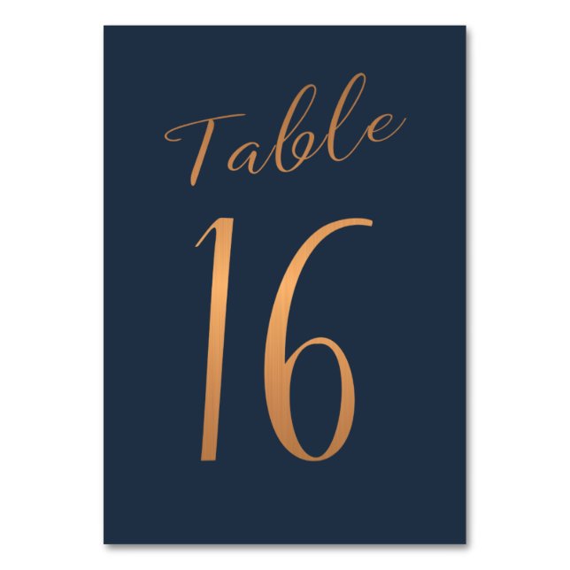 Wedding table number copper gold glitter navy (Front)