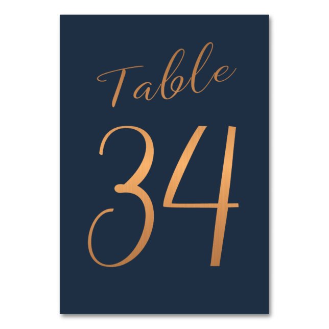 Wedding table number copper rose gold glitter navy (Front)