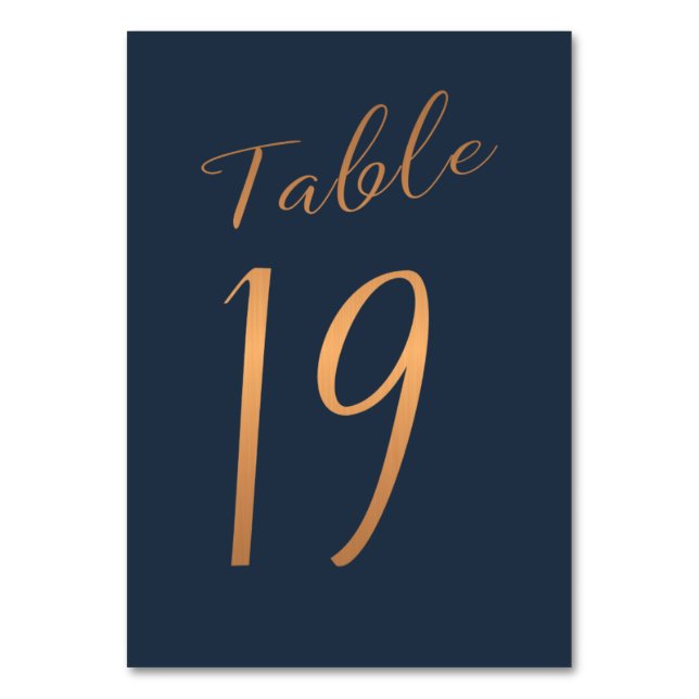 Wedding table number copper rose gold glitter navy (Front)
