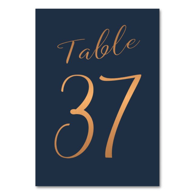 Wedding table number copper rose gold glitter navy (Front)