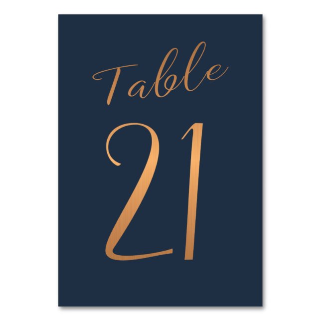 Wedding table number copper rose gold glitter navy (Front)