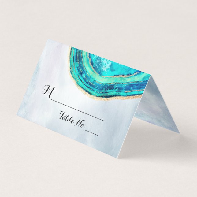 Wedding Table Number Escort Teal Gold Agate Geode (Front)