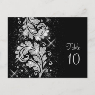 Wedding Table Number Floral Glitter Swirl Silver Postcard