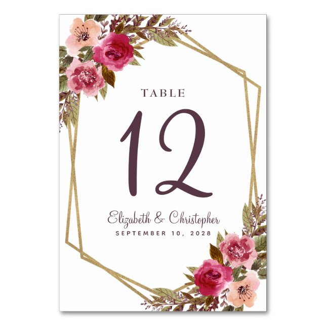 Wedding Table Number Floral Gold Geometric Purple (Front)