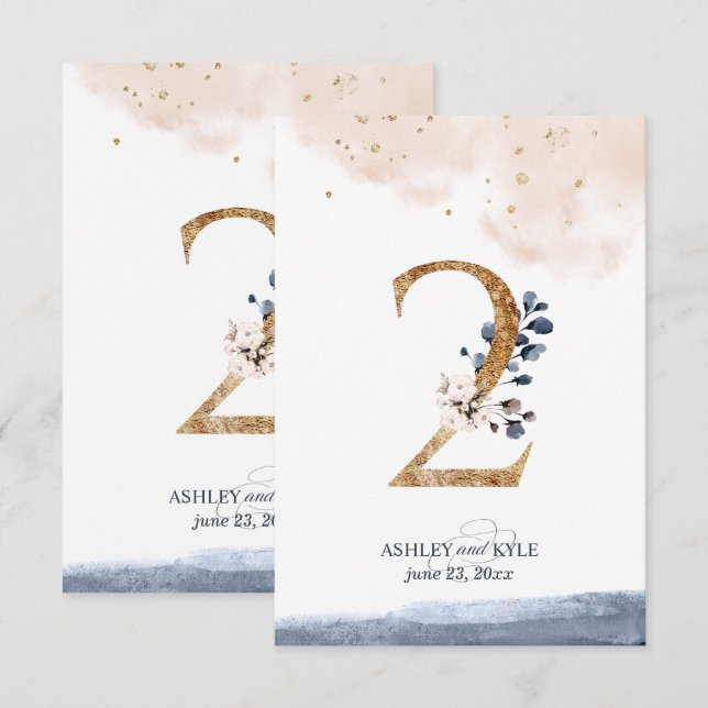 Wedding table number in navy, blush, and gold (Front/Back)