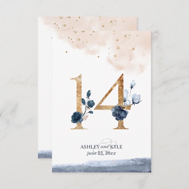 Wedding table number in navy, blush, and gold (Front/Back)