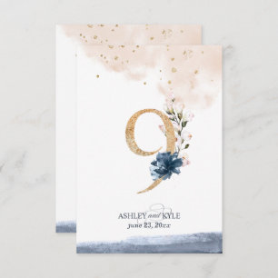 Wedding table number in navy, blush, and gold