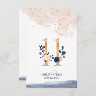 Wedding table number in navy, blush, and gold