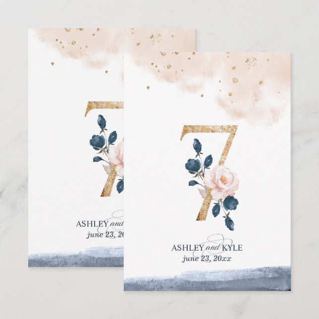 Wedding table number in navy, blush, and gold (Front/Back)
