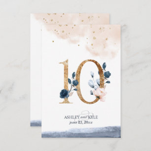 Wedding table number in navy, blush, and gold
