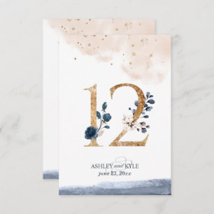 Wedding table number in navy, blush, and gold