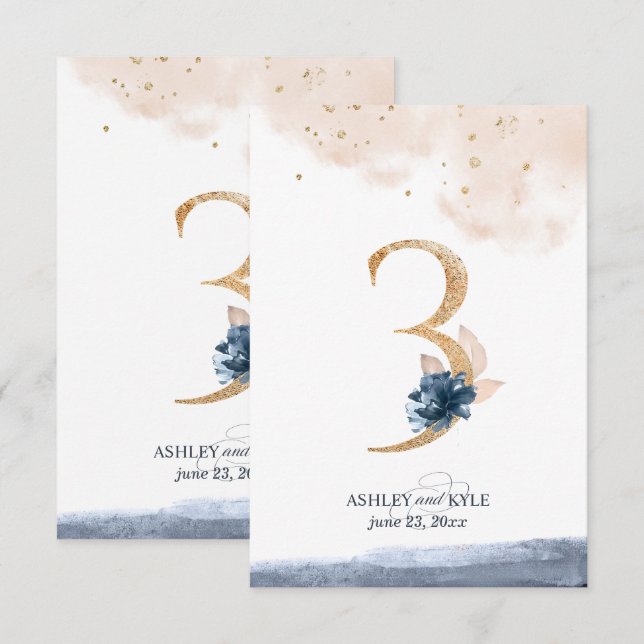 Wedding table number in navy, blush, and gold (Front/Back)