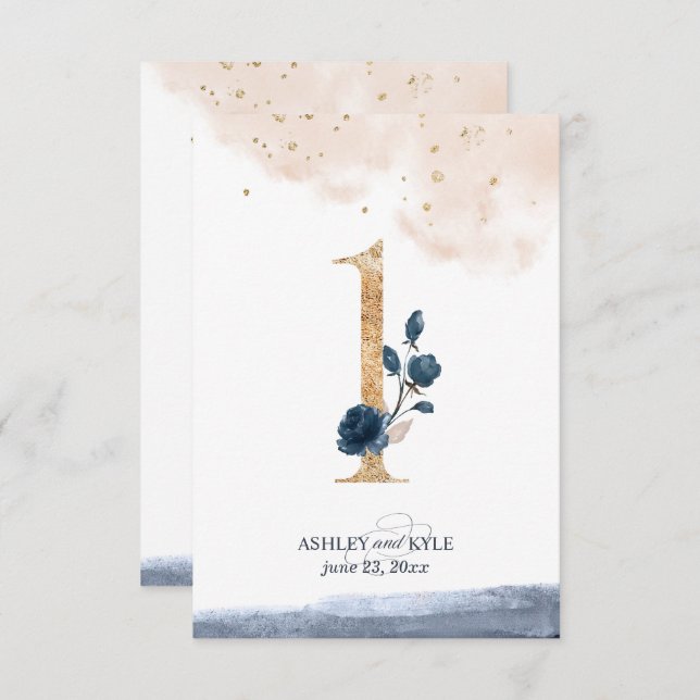 Wedding table number in navy, blush, and gold (Front/Back)