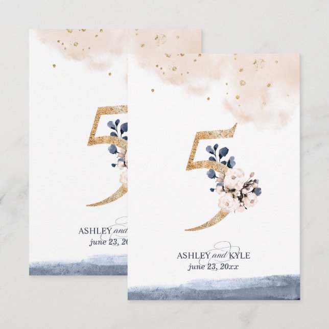 Wedding table number in navy, blush, and gold (Front/Back)