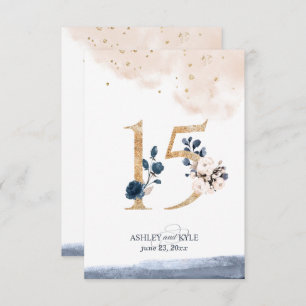 Wedding table number in navy, blush, and gold