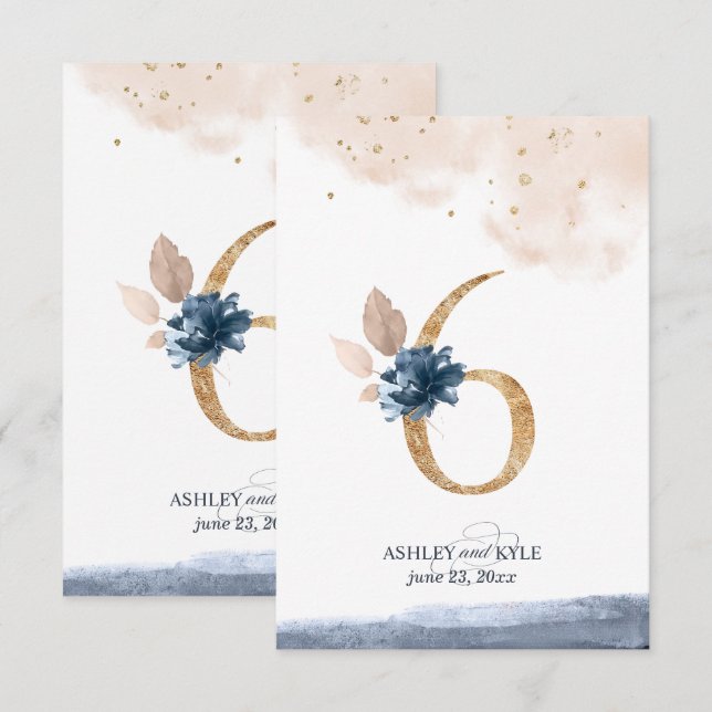 Wedding table number in navy, blush, and gold (Front/Back)