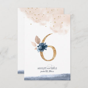 Wedding table number in navy, blush, and gold