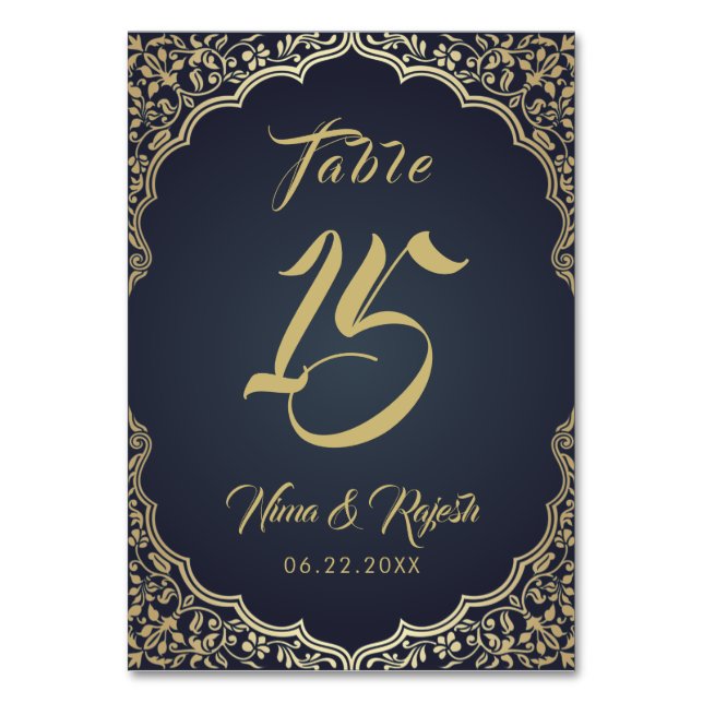 Wedding Table Number, Indian Wedding, Blue, Gold Table Number (Front)