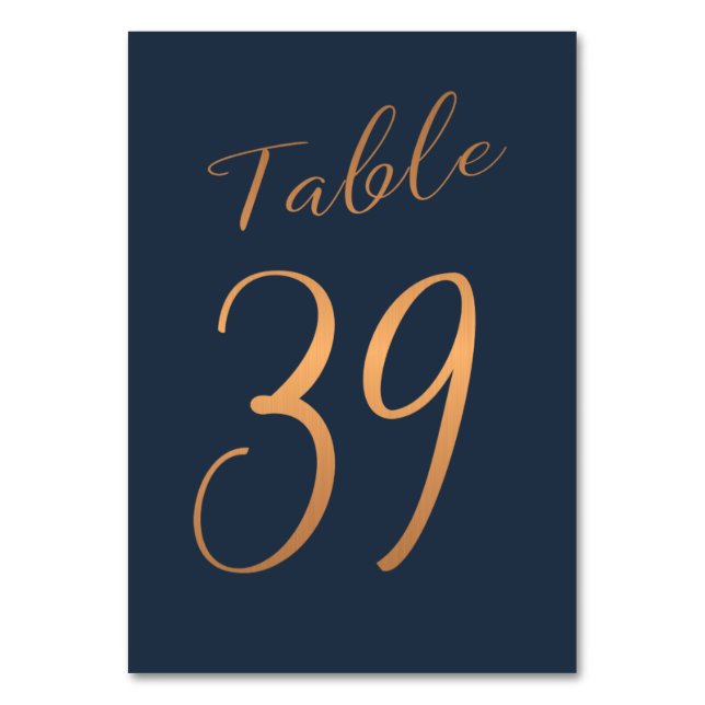 Wedding table number rose gold copper glitter navy (Front)