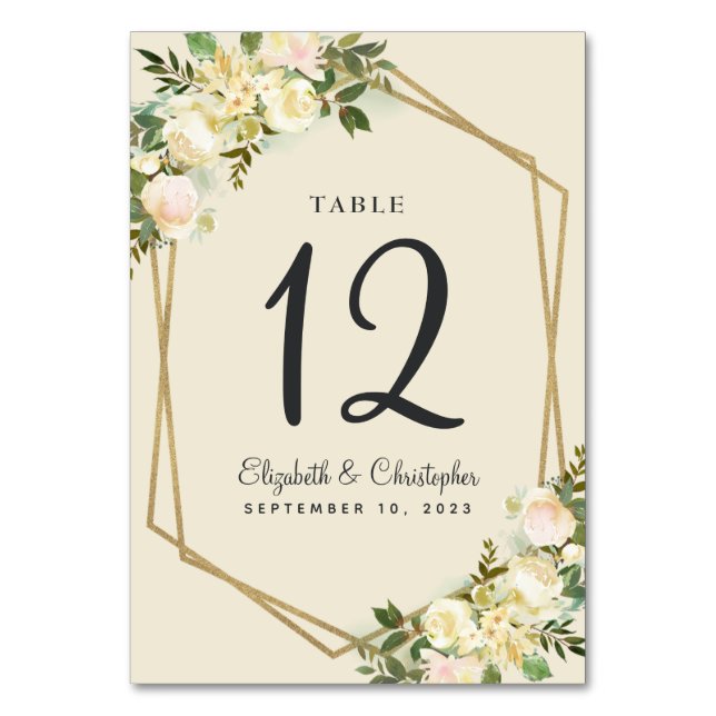Wedding Table Number Rustic Floral Gold Botanical (Front)
