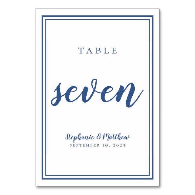 Wedding Table Number Seven Simple Blue & White (Front)