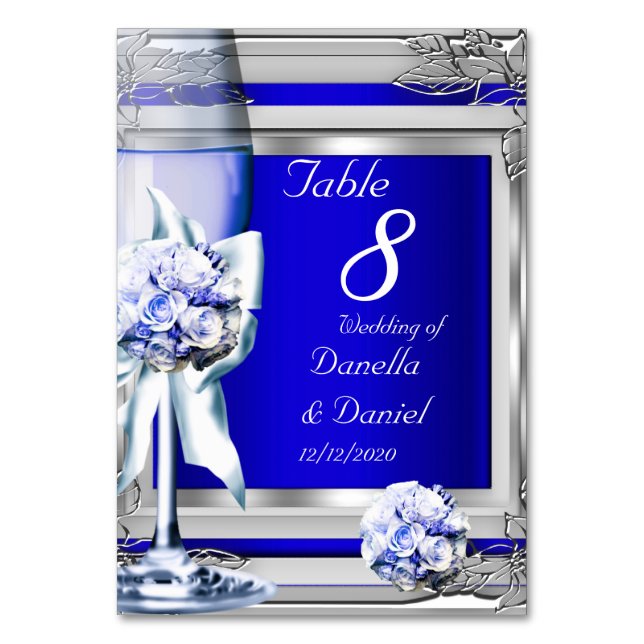 Wedding Table Number Silver Blue Navy (Front)