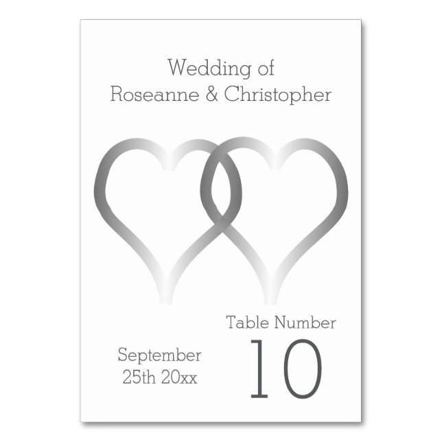 Wedding Table Number Silver Hearts (Front)