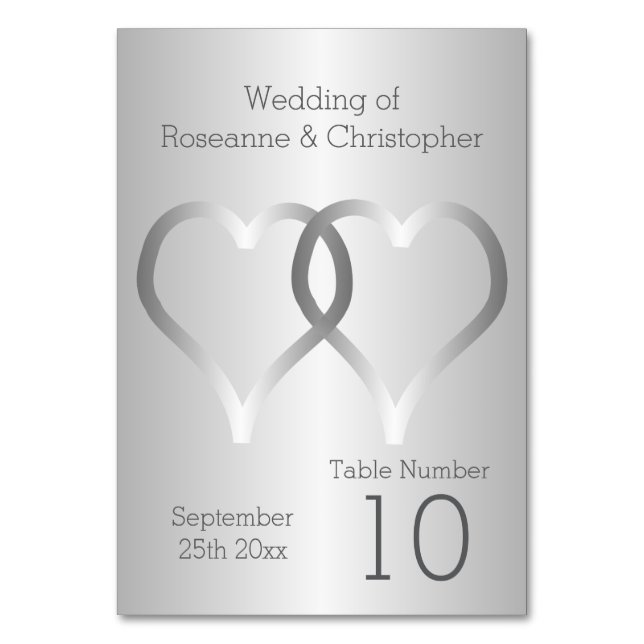 Wedding Table Number Silver Hearts (Front)