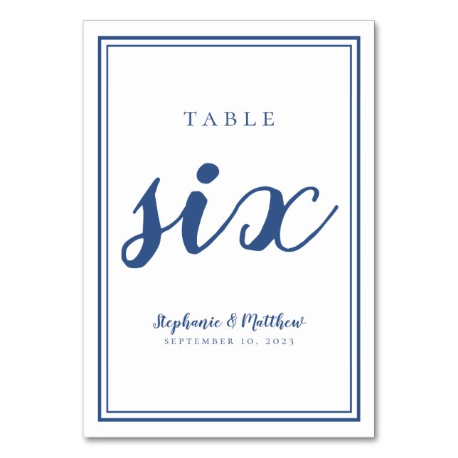 Wedding Table Number Six Simple Blue & White (Front)