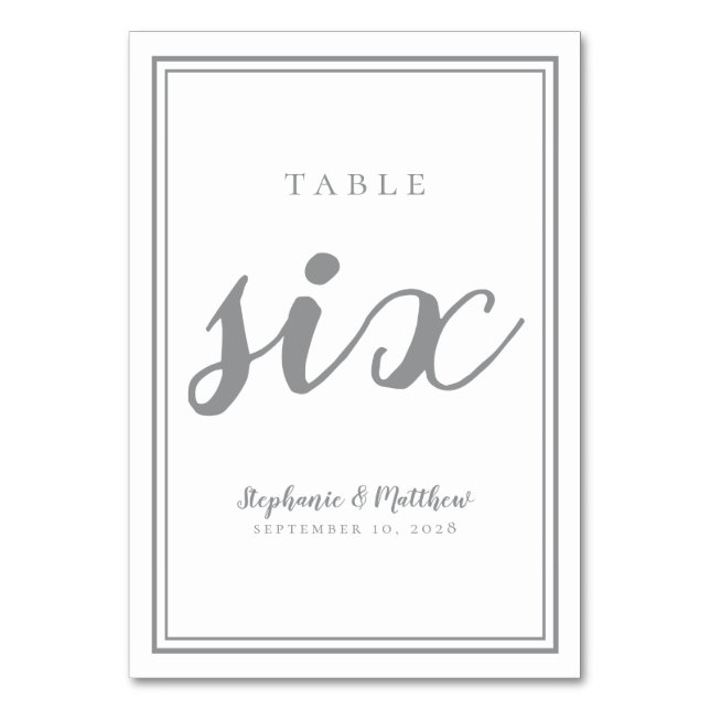 Wedding Table Number Six Simple Grey & White (Front)