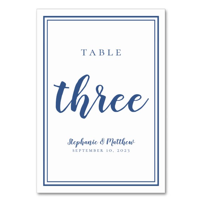 Wedding Table Number Three Simple Blue & White (Front)