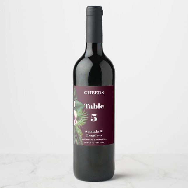 Wedding Table Number Wine Colour Floral Wine Label (Front)