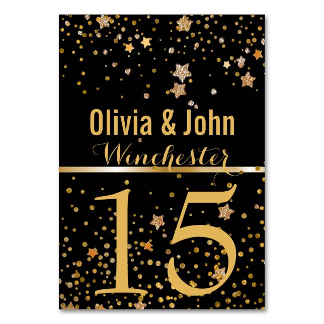 Wedding Table Numbers | Festive Black Gold Stars (Front)