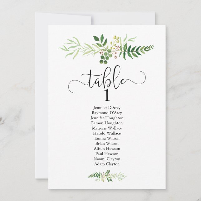 Wedding table plan with greenery & modern script invitation (Front)