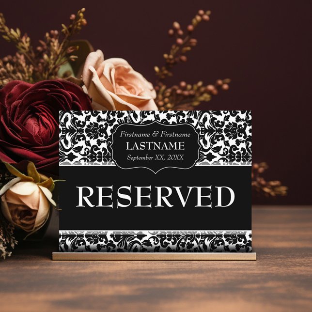 Wedding Table RESERVED Sign Damask Pattern Postcard (Elegant Damask Table Card for Wedding or Anniversary Party - Black and White)