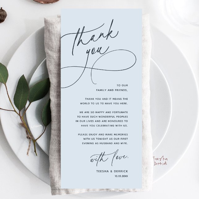 Wedding Table Thank You Elegant Reception Card (Wedding Table Thank You Elegant Reception Dinner Card in misty blue)