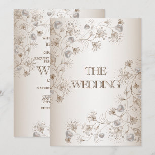 Wedding Tan Floral Heart Pattern Beige Elegant Invitation