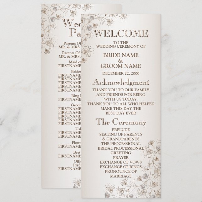 Wedding Tan Floral Heart Pattern Beige Elegant Programme (Front/Back)