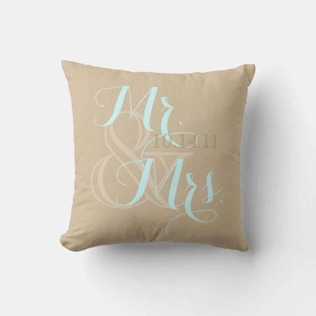 Wedding Tan Swirl Pillow Mr. and Mrs. (Front)