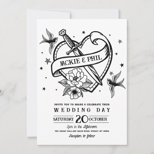 Wedding Tattoo Traditional Rock Heart Doves Invitation (Front)