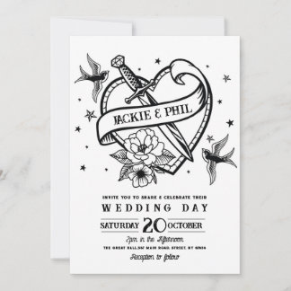 Wedding Tattoo Traditional Rock Heart Doves Invitation