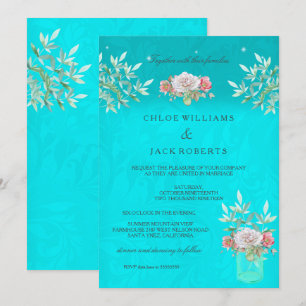 Wedding Teal Floral Mason Jar Pink White Rose Invitation