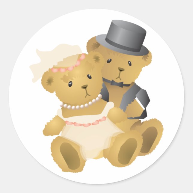 Wedding Teddy Bear Couple Classic Round Sticker (Front)
