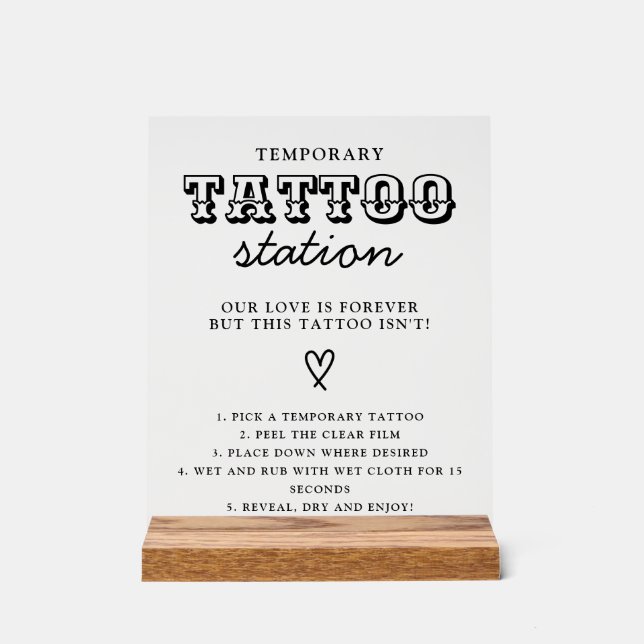 Wedding Temporary Tattoo Station Bar Instruction  Acrylic Sign (Front)