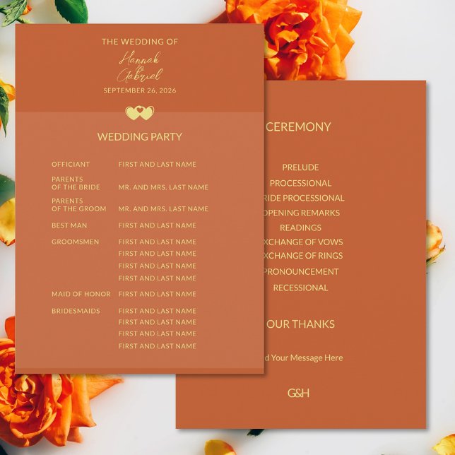 Wedding Terracotta Gold Flat Program Programme (Wedding Terracotta Gold Flat Program (front and back))