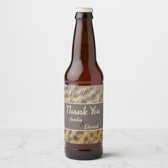 Wedding Thank You Animal Print Feather Guest Beer Bottle Label (Front)