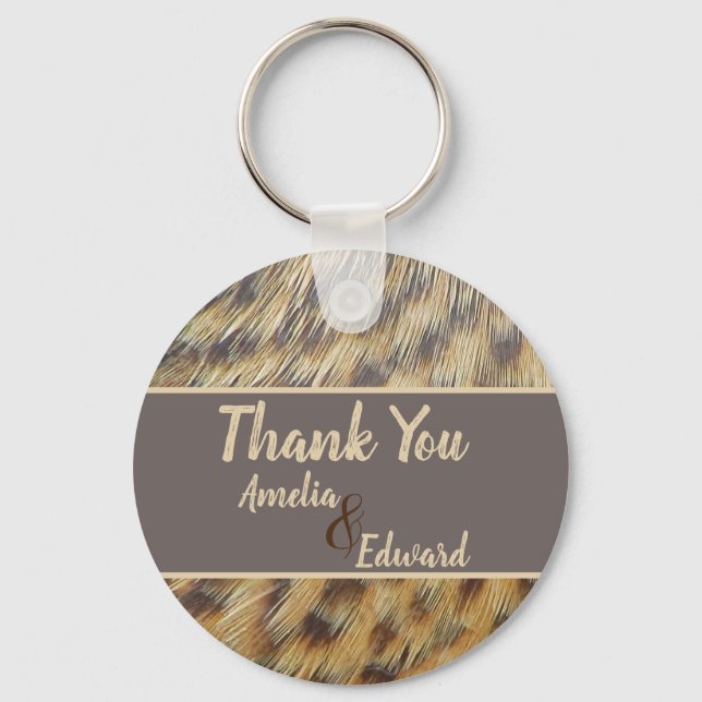 Wedding Thank You Animal Print Feather Guest Key Ring (Front)