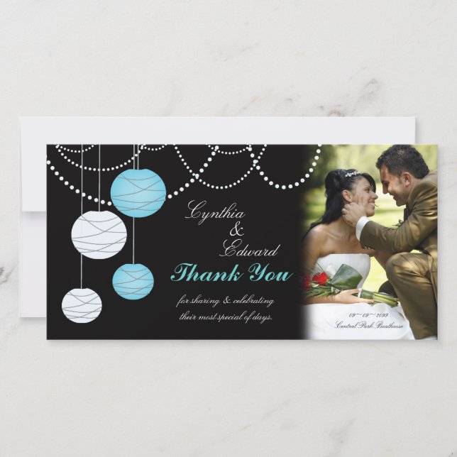 Wedding Thank You Aqua Blue Lanterns Photo Card (Front)