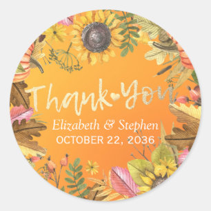 Wedding Thank You Autumn Leaves Pumpkin Sunflowers Classic Round Sticker