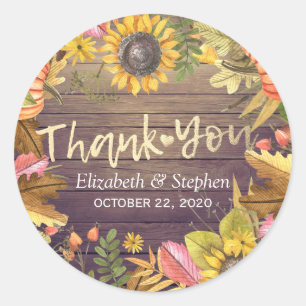 Wedding Thank You Autumn Maple Leaves Pumpkin Wood Classic Round Sticker